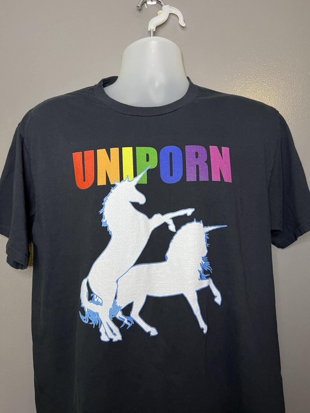 Uniporn Unicorn Shirt Mens Large Black Rainbow Funny Graphic Tee Port & Company